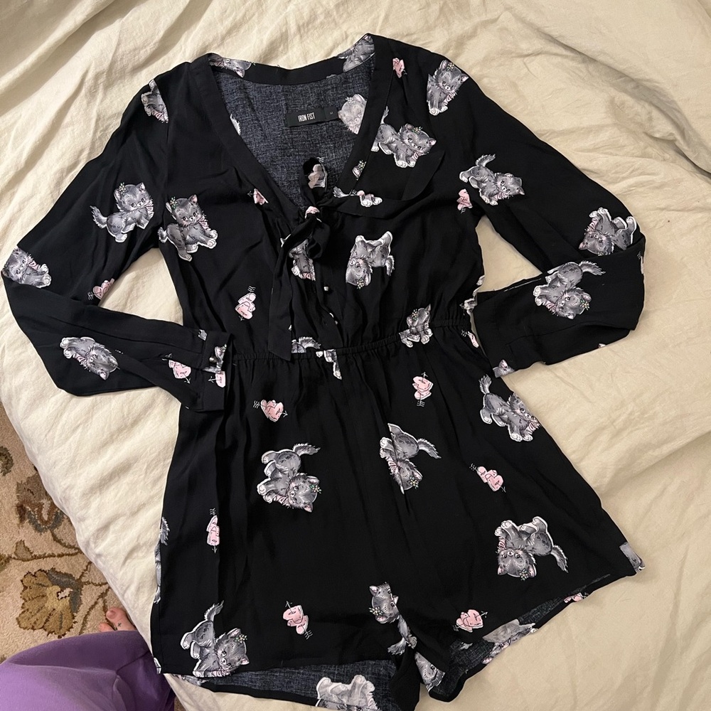 Black romper with kittens and hearts